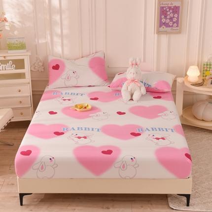 甜之梦 2025新款针织棉印花单品床笠 粉红爱心兔