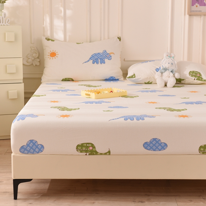 91家纺网 家纺一手货源 找家纺 甜之梦 2025新款针织棉印花单品床笠 恐龙乐园