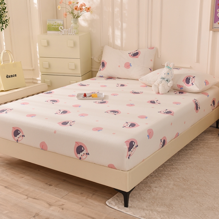 91家纺网 家纺一手货源 找家纺 甜之梦 2025新款针织棉印花单品床笠 蜜桃牛奶