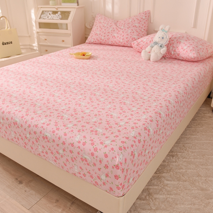 91家纺网 家纺一手货源 找家纺 甜之梦 2025新款针织棉印花单品床笠 小碎花粉