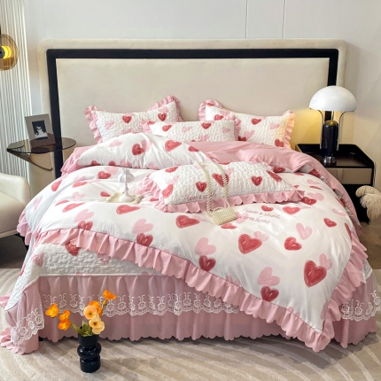 91家纺网 家纺一手货源 找家纺 A类水洗棉麻双层纱床盖款夏被四件套夹棉床裙蕾丝花边纯棉全棉夏凉被套床盖