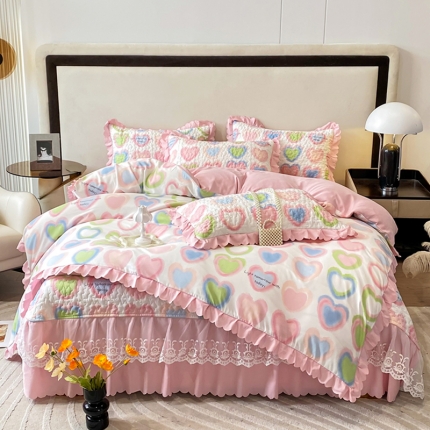 91家纺网 家纺一手货源 找家纺 A类水洗棉麻双层纱床盖款夏被四件套夹棉床裙蕾丝花边纯棉全棉夏凉被套床盖