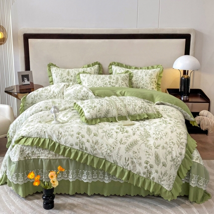 91家纺网 家纺一手货源 找家纺 A类水洗棉麻双层纱床盖款夏被四件套夹棉床裙蕾丝花边纯棉全棉夏凉被套床盖