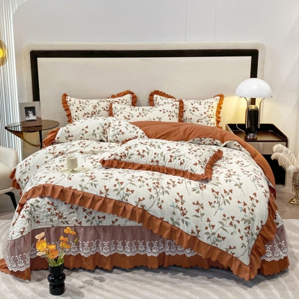 91家纺网 家纺一手货源 找家纺 A类水洗棉麻双层纱床盖款夏被四件套夹棉床裙蕾丝花边纯棉全棉夏凉被套床盖