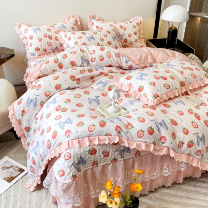 91家纺网 家纺一手货源 找家纺 A类水洗棉麻双层纱床盖款夏被四件套夹棉床裙蕾丝花边纯棉全棉夏凉被套床盖