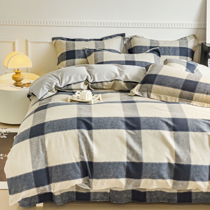 91家纺网 家纺一手货源 找家纺 金丝鸟 2023新款原棉磨毛四件套简约系列 摩卡格