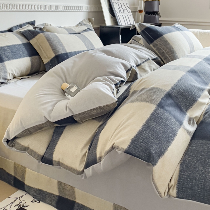 91家纺网 家纺一手货源 找家纺 金丝鸟 2023新款原棉磨毛四件套简约系列 摩卡格