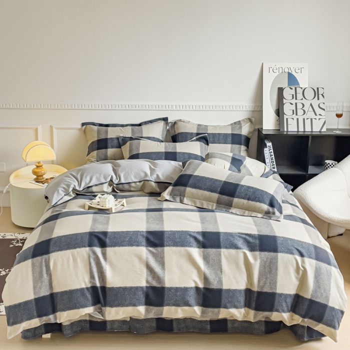 91家纺网 家纺一手货源 找家纺 金丝鸟 2023新款原棉磨毛四件套简约系列 摩卡格