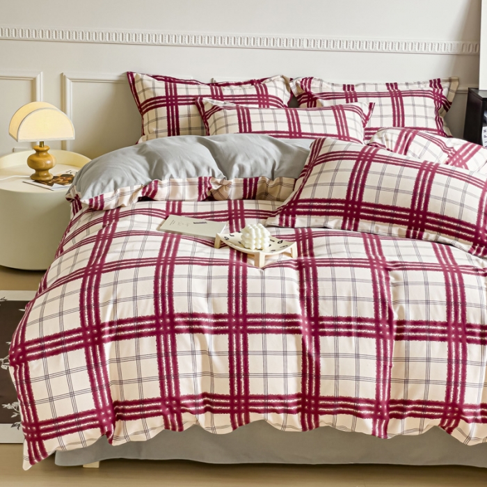 91家纺网 家纺一手货源 找家纺 金丝鸟 2023新款原棉磨毛四件套简约系列 晚吟红格