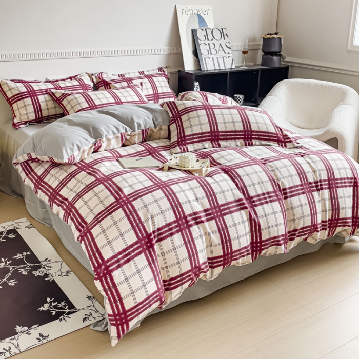 91家纺网 家纺一手货源 找家纺 金丝鸟 2023新款原棉磨毛四件套简约系列 晚吟红格