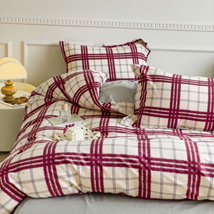 91家纺网 家纺一手货源 找家纺 金丝鸟 2023新款原棉磨毛四件套简约系列 晚吟红格