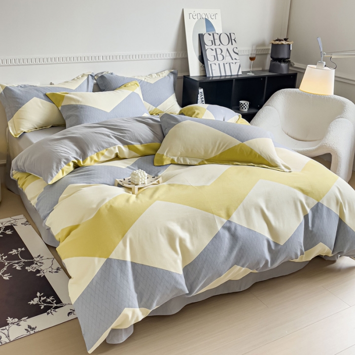 91家纺网 家纺一手货源 找家纺 金丝鸟 2023新款原棉磨毛四件套简约系列 斜格黄