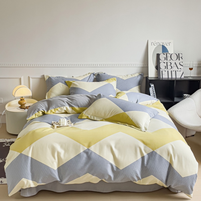 91家纺网 家纺一手货源 找家纺 金丝鸟 2023新款原棉磨毛四件套简约系列 斜格黄