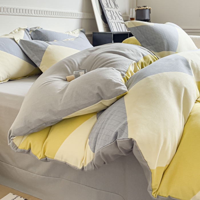 91家纺网 家纺一手货源 找家纺 金丝鸟 2023新款原棉磨毛四件套简约系列 斜格黄