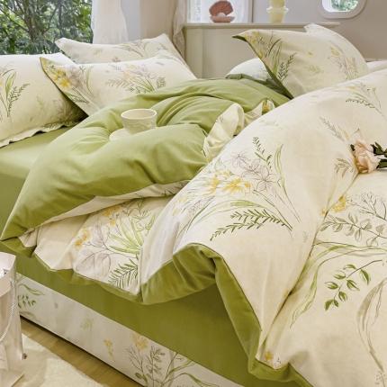 91家纺网 家纺一手货源 找家纺 金丝鸟 2023新款原棉磨毛四件套小清新系列 仙草