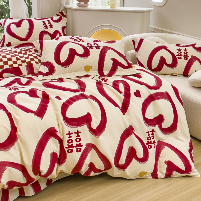 91家纺网 家纺一手货源 找家纺 金丝鸟 2023新款原棉磨毛四件套小清新系列 爱心喜嫁