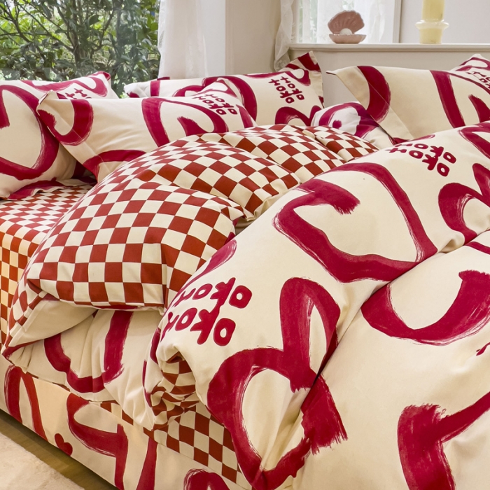 91家纺网 家纺一手货源 找家纺 金丝鸟 2023新款原棉磨毛四件套小清新系列 爱心喜嫁