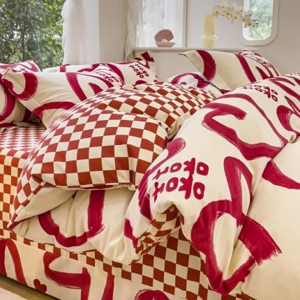 金丝鸟 2023新款原棉磨毛四件套小清新系列 爱心喜嫁