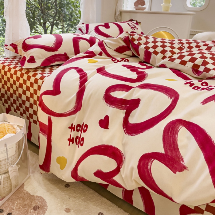 91家纺网 家纺一手货源 找家纺 金丝鸟 2023新款原棉磨毛四件套小清新系列 爱心喜嫁