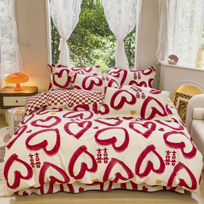 91家纺网 家纺一手货源 找家纺 金丝鸟 2023新款原棉磨毛四件套小清新系列 爱心喜嫁