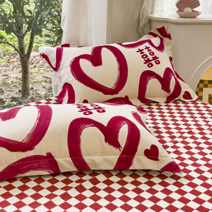 91家纺网 家纺一手货源 找家纺 金丝鸟 2023新款原棉磨毛四件套小清新系列 爱心喜嫁