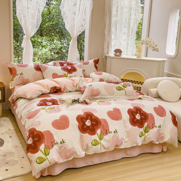 91家纺网 家纺一手货源 找家纺 金丝鸟 2023新款原棉磨毛四件套小清新系列 百利甜花骨朵