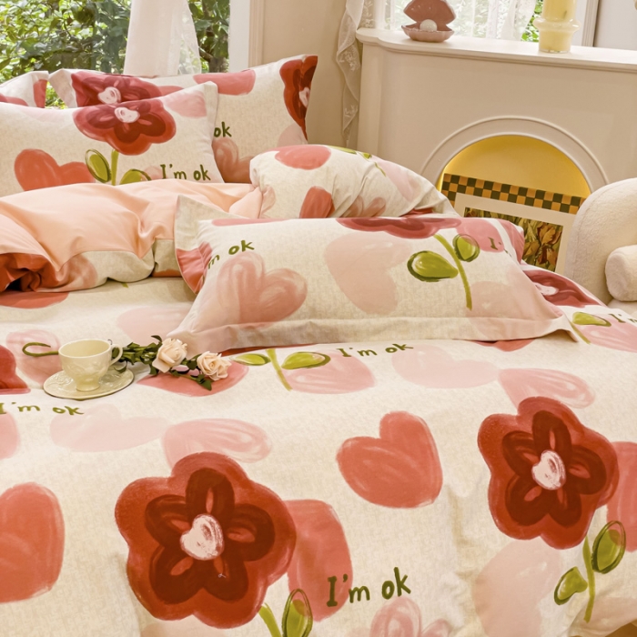 91家纺网 家纺一手货源 找家纺 金丝鸟 2023新款原棉磨毛四件套小清新系列 百利甜花骨朵