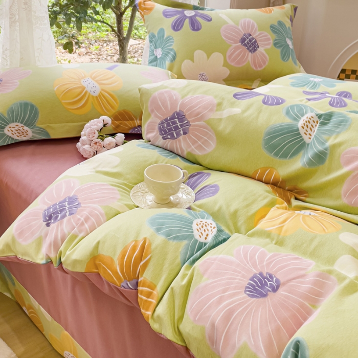 91家纺网 家纺一手货源 找家纺 金丝鸟 2023新款原棉磨毛四件套小清新系列 彩色朵朵