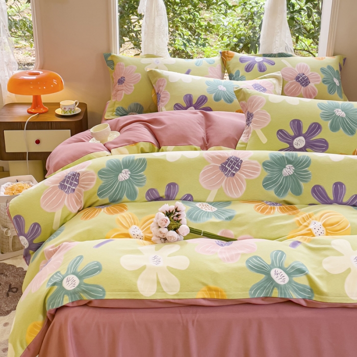 91家纺网 家纺一手货源 找家纺 金丝鸟 2023新款原棉磨毛四件套小清新系列 彩色朵朵