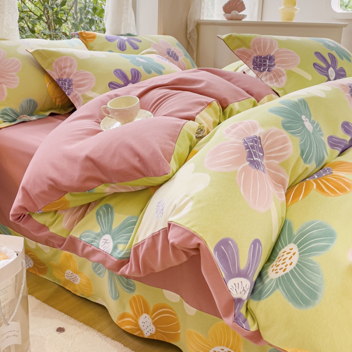 91家纺网 家纺一手货源 找家纺 金丝鸟 2023新款原棉磨毛四件套小清新系列 彩色朵朵