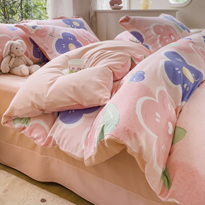 91家纺网 家纺一手货源 找家纺 金丝鸟 2023新款原棉磨毛四件套小清新系列 沉香粉