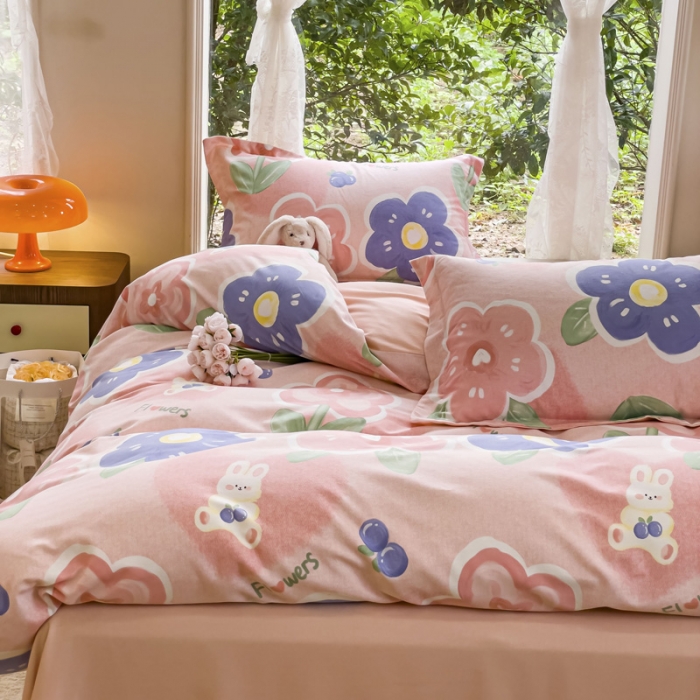 91家纺网 家纺一手货源 找家纺 金丝鸟 2023新款原棉磨毛四件套小清新系列 沉香粉