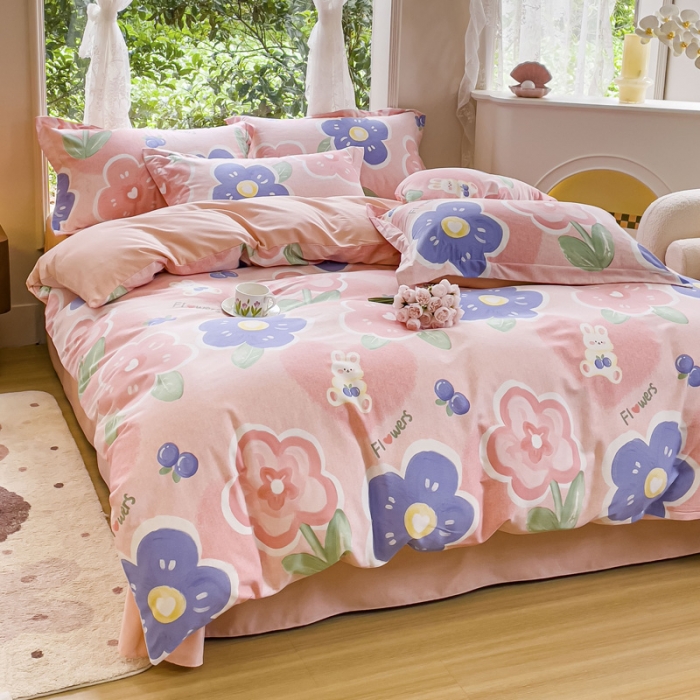 91家纺网 家纺一手货源 找家纺 金丝鸟 2023新款原棉磨毛四件套小清新系列 沉香粉