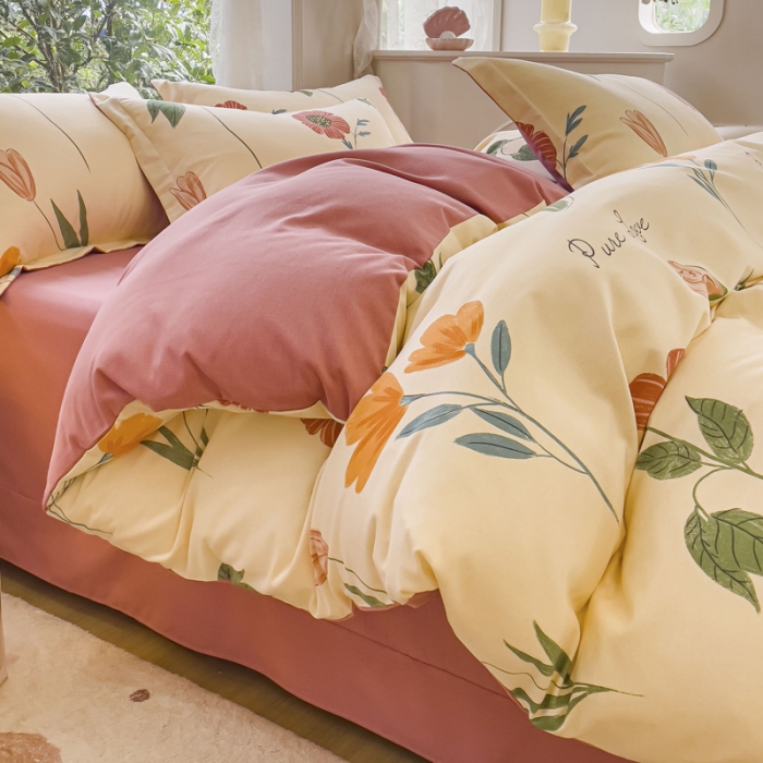 91家纺网 家纺一手货源 找家纺 金丝鸟 2023新款原棉磨毛四件套小清新系列 花溪寻梦