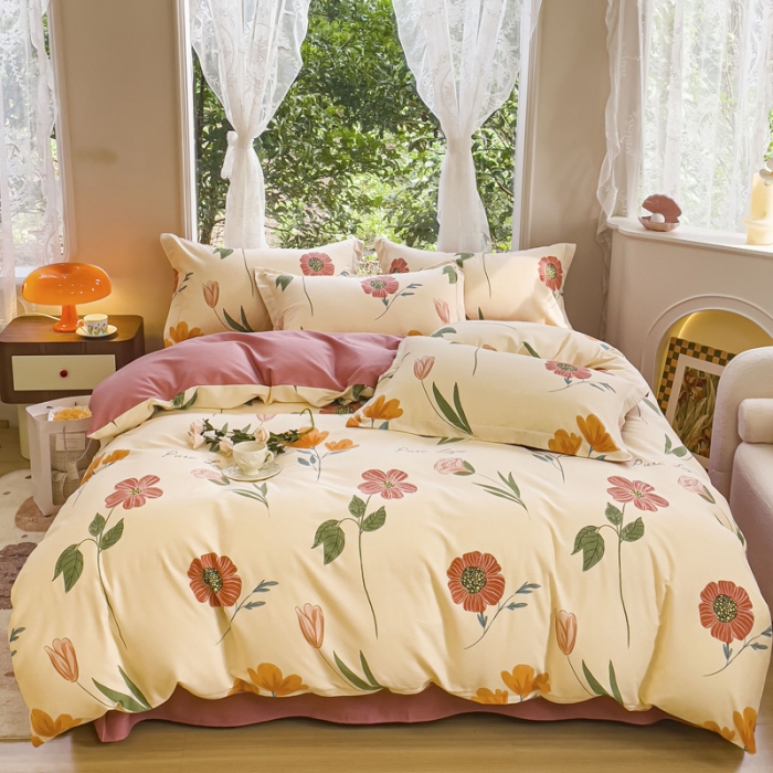 91家纺网 家纺一手货源 找家纺 金丝鸟 2023新款原棉磨毛四件套小清新系列 花溪寻梦