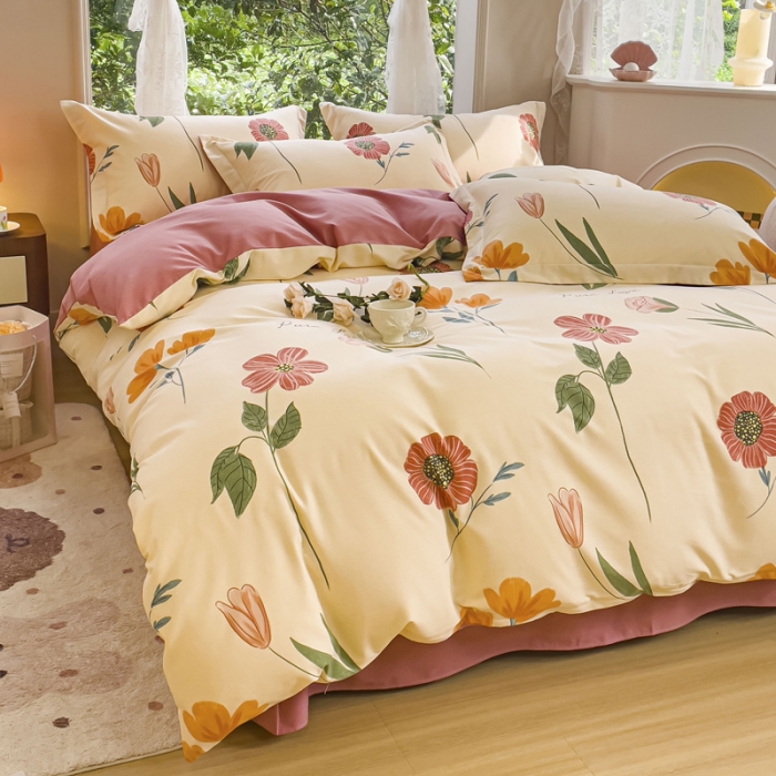 91家纺网 家纺一手货源 找家纺 金丝鸟 2023新款原棉磨毛四件套小清新系列 花溪寻梦