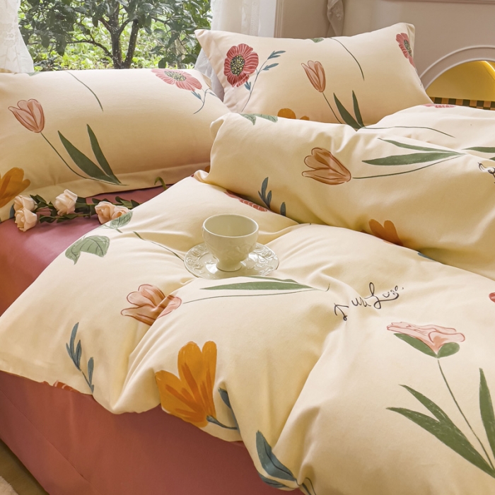 91家纺网 家纺一手货源 找家纺 金丝鸟 2023新款原棉磨毛四件套小清新系列 花溪寻梦