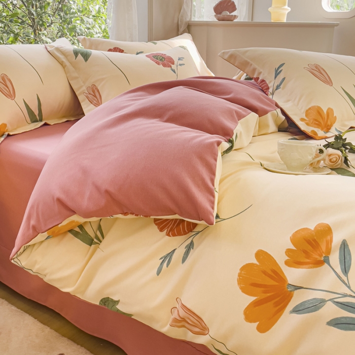 91家纺网 家纺一手货源 找家纺 金丝鸟 2023新款原棉磨毛四件套小清新系列 花溪寻梦