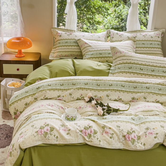 91家纺网 家纺一手货源 找家纺 金丝鸟 2023新款原棉磨毛四件套小清新系列 花知晓