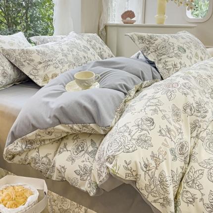 金丝鸟 2023新款原棉磨毛四件套小清新系列 加州风情灰