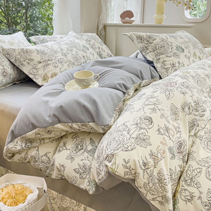 91家纺网 家纺一手货源 找家纺 金丝鸟 2023新款原棉磨毛四件套小清新系列 加州风情灰