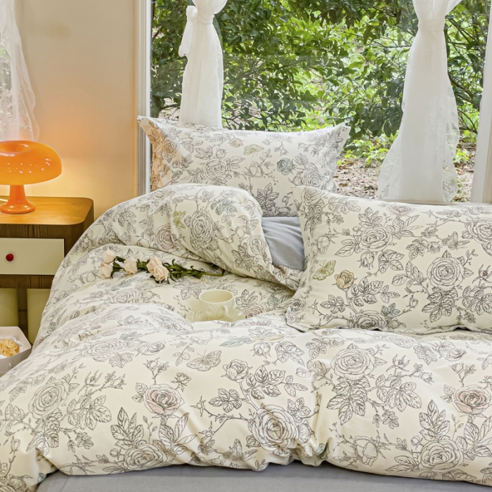 91家纺网 家纺一手货源 找家纺 金丝鸟 2023新款原棉磨毛四件套小清新系列 加州风情灰