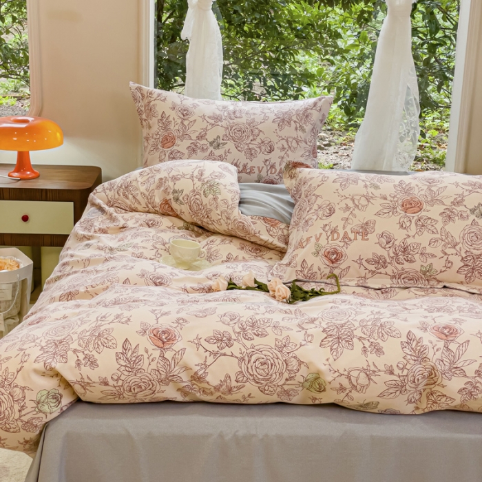 91家纺网 家纺一手货源 找家纺 金丝鸟 2023新款原棉磨毛四件套小清新系列 加州风情棕