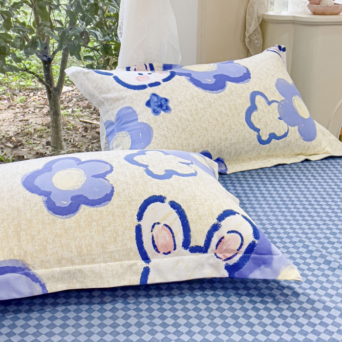 91家纺网 家纺一手货源 找家纺 金丝鸟 2023新款原棉磨毛四件套小清新系列 蓝格布鲁兔