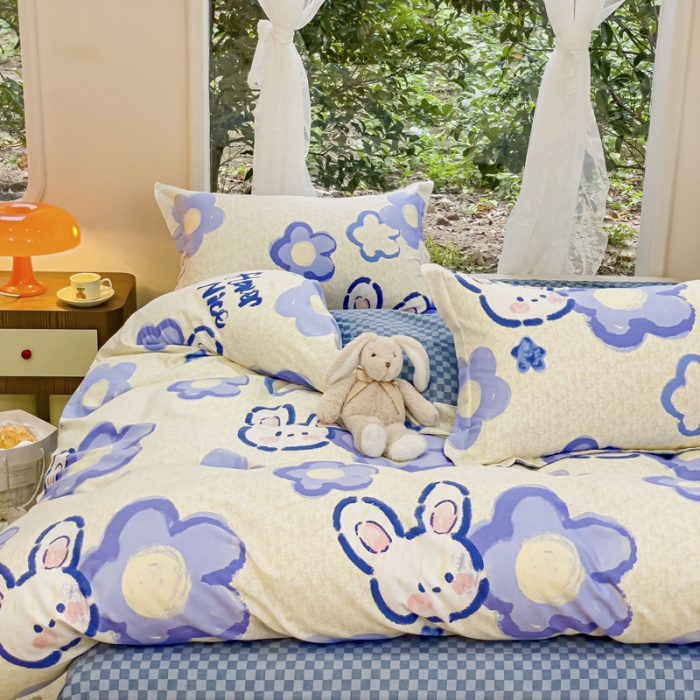 91家纺网 家纺一手货源 找家纺 金丝鸟 2023新款原棉磨毛四件套小清新系列 蓝格布鲁兔