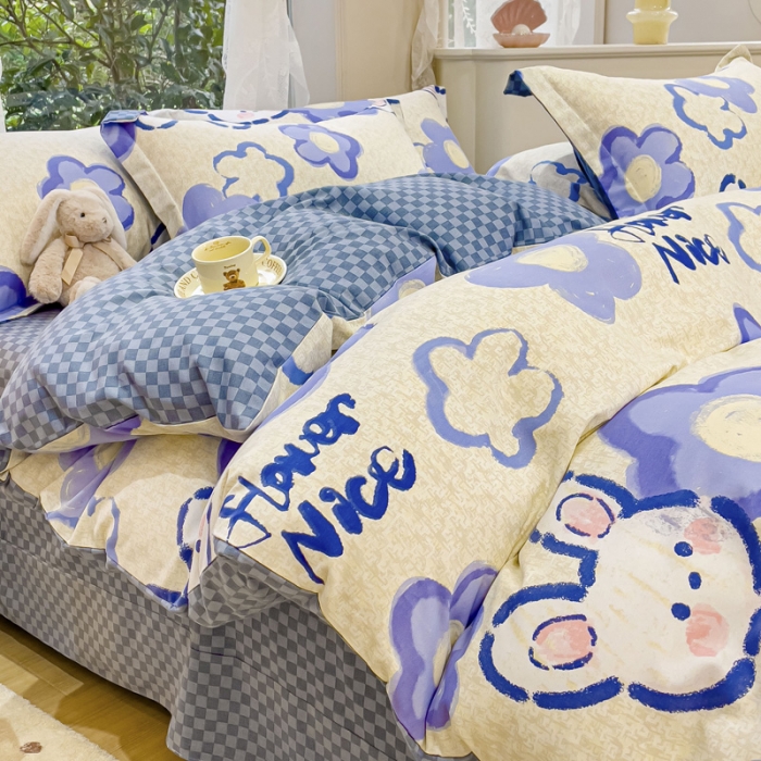 91家纺网 家纺一手货源 找家纺 金丝鸟 2023新款原棉磨毛四件套小清新系列 蓝格布鲁兔