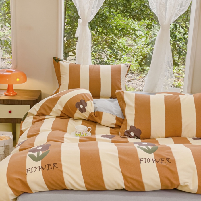 91家纺网 家纺一手货源 找家纺 金丝鸟 2023新款原棉磨毛四件套小清新系列 妮可桔