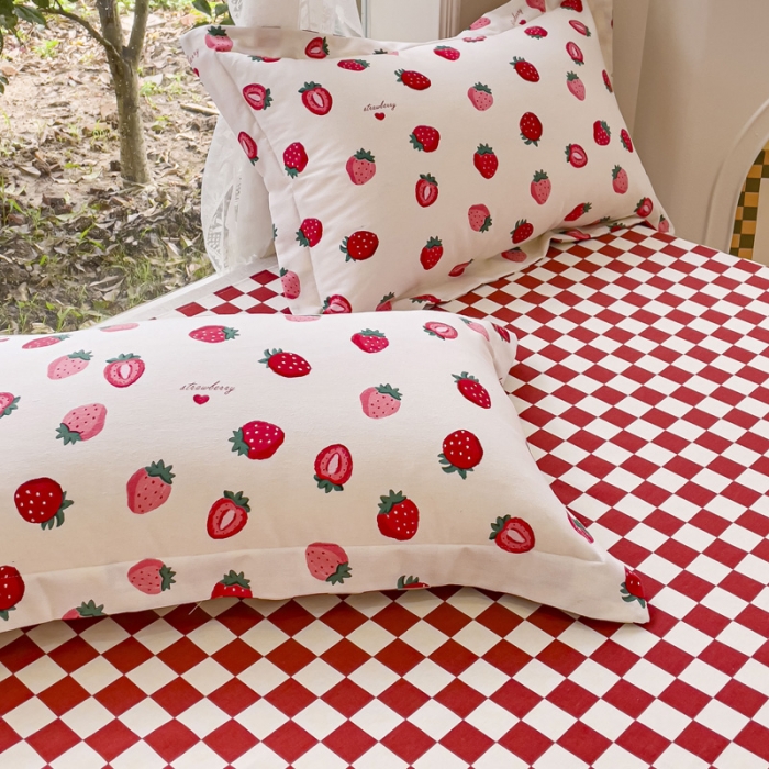 91家纺网 家纺一手货源 找家纺 金丝鸟 2023新款原棉磨毛四件套小清新系列 甜格草莓