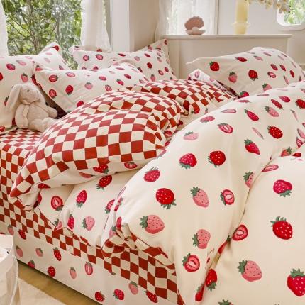 金丝鸟 2023新款原棉磨毛四件套小清新系列 甜格草莓