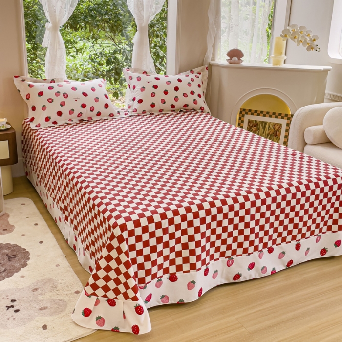 91家纺网 家纺一手货源 找家纺 金丝鸟 2023新款原棉磨毛四件套小清新系列 甜格草莓